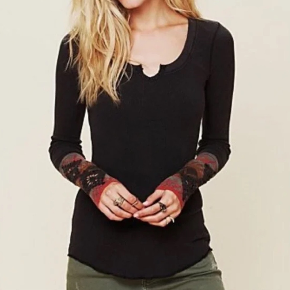 Free People Black Thermal Top with Red Cuff Details